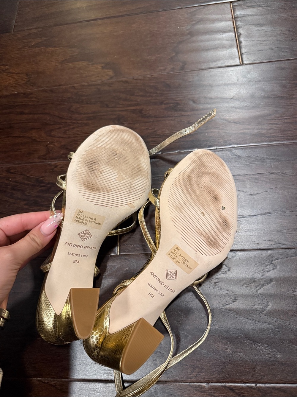 ANTONIO MELANI Metallic Gold Strappy Block Heel Sandals - Picture 2 of 2
